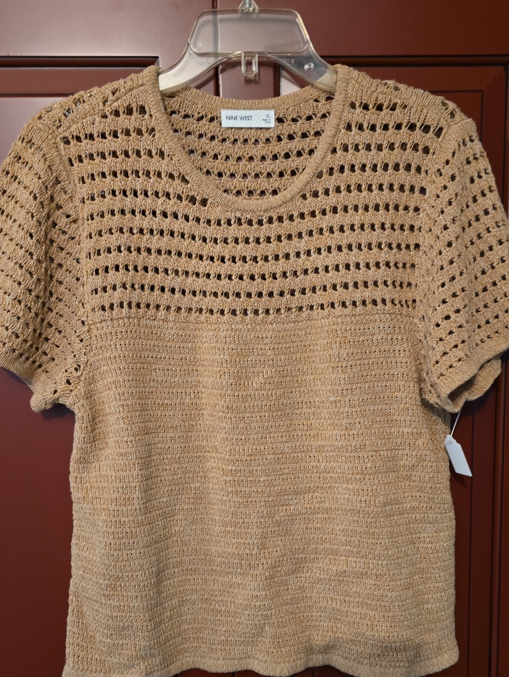 Nine West Crochet Short-Sleeve Sweater in Camel